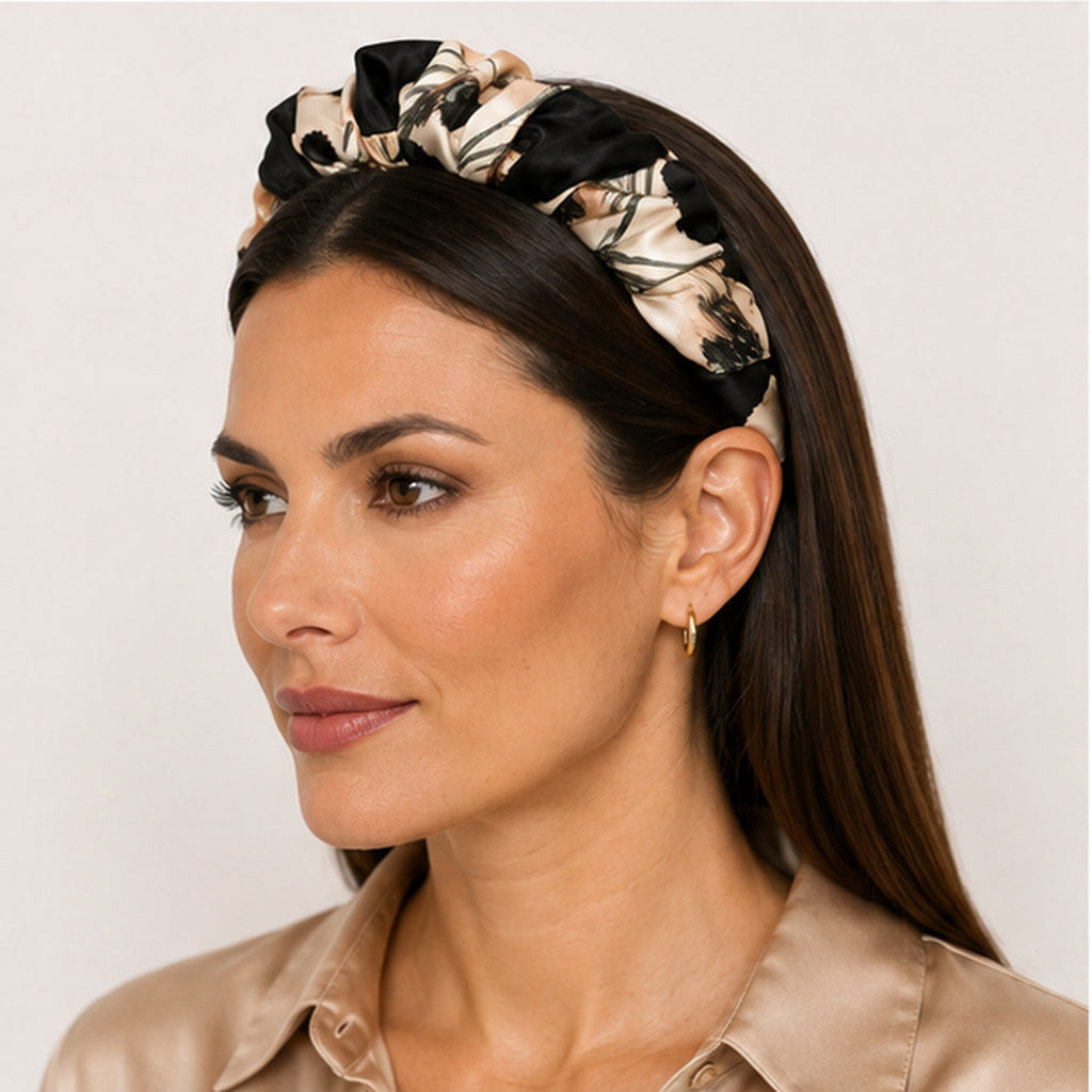 ELDA mocha black ivory floral satin στέκα μαλλιών – VinD.gr