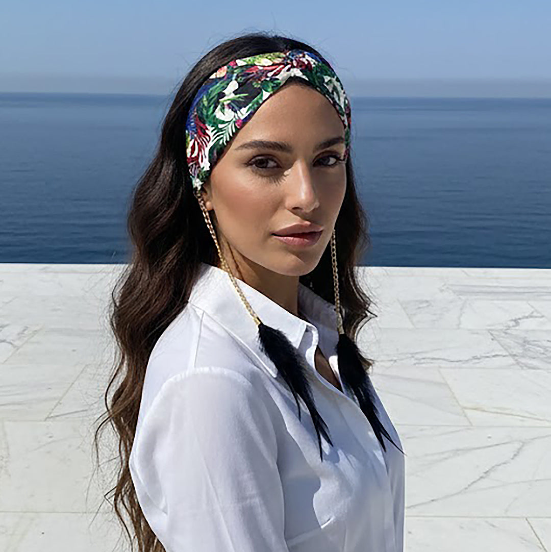 JUNGLE: Χειροποίητη στέκα, σατεν, αλυσίδα ασημί, φτερά