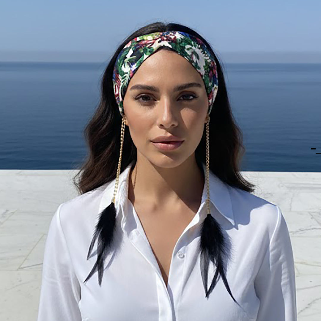 JUNGLE: Χειροποίητη στέκα, σατεν, αλυσίδα ασημί, φτερά