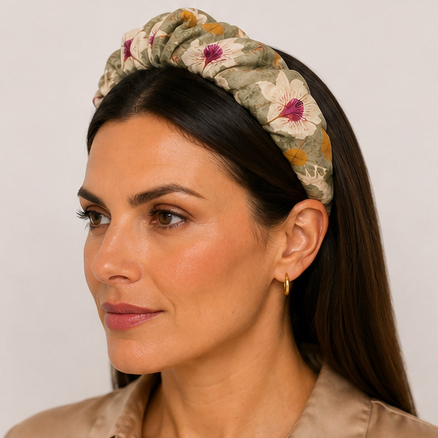 INES | Πράσινη Ιβουάρ Tribal Floral Σατέν Στέκα Μαλλιών