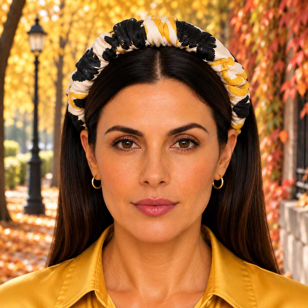 NOBU black mustard ecru abstract floral satin στέκα μαλλιών – VinD.gr