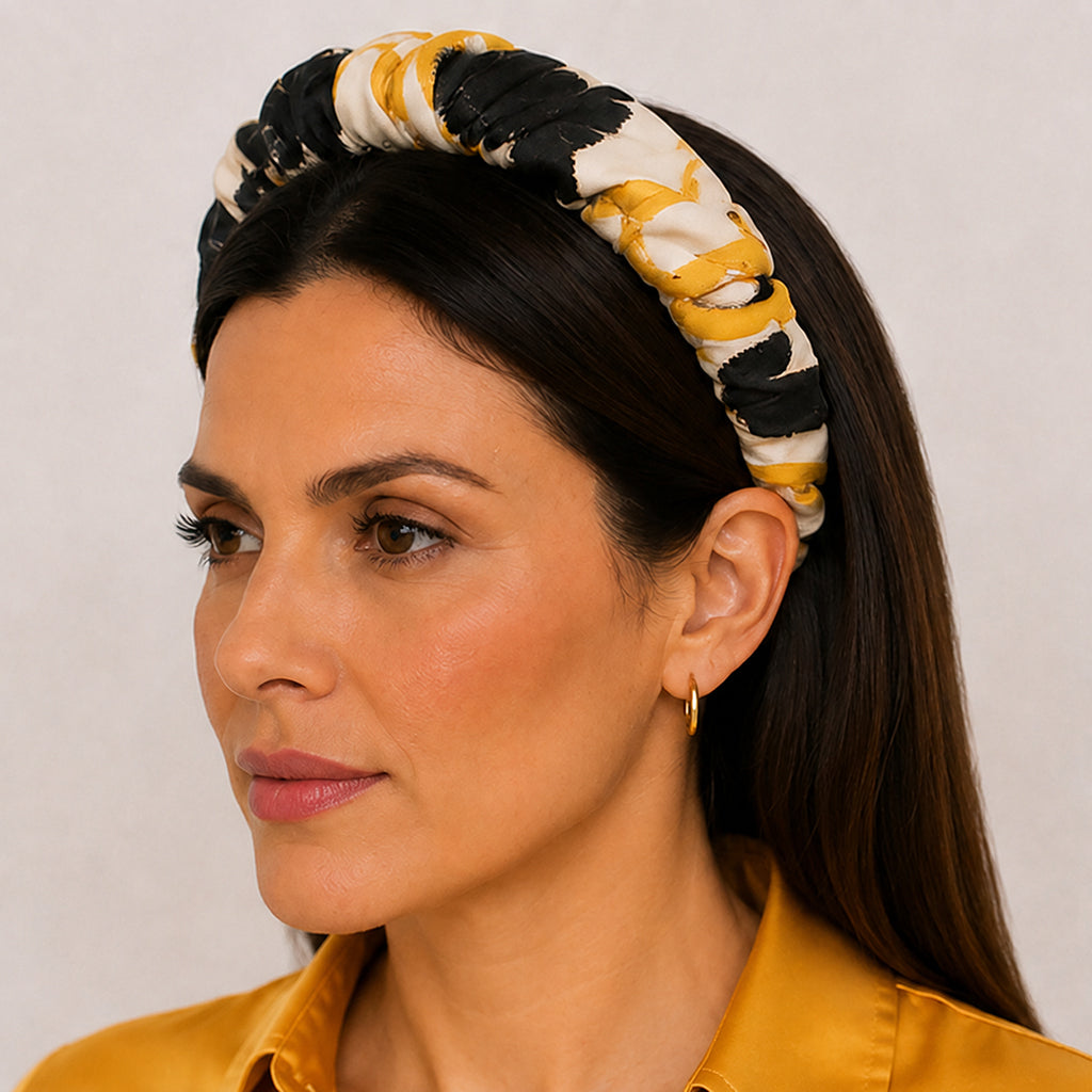 NOBU black mustard ecru abstract floral satin στέκα μαλλιών – VinD.gr