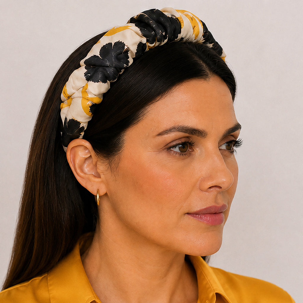 NOBU black mustard ecru abstract floral satin στέκα μαλλιών – VinD.gr