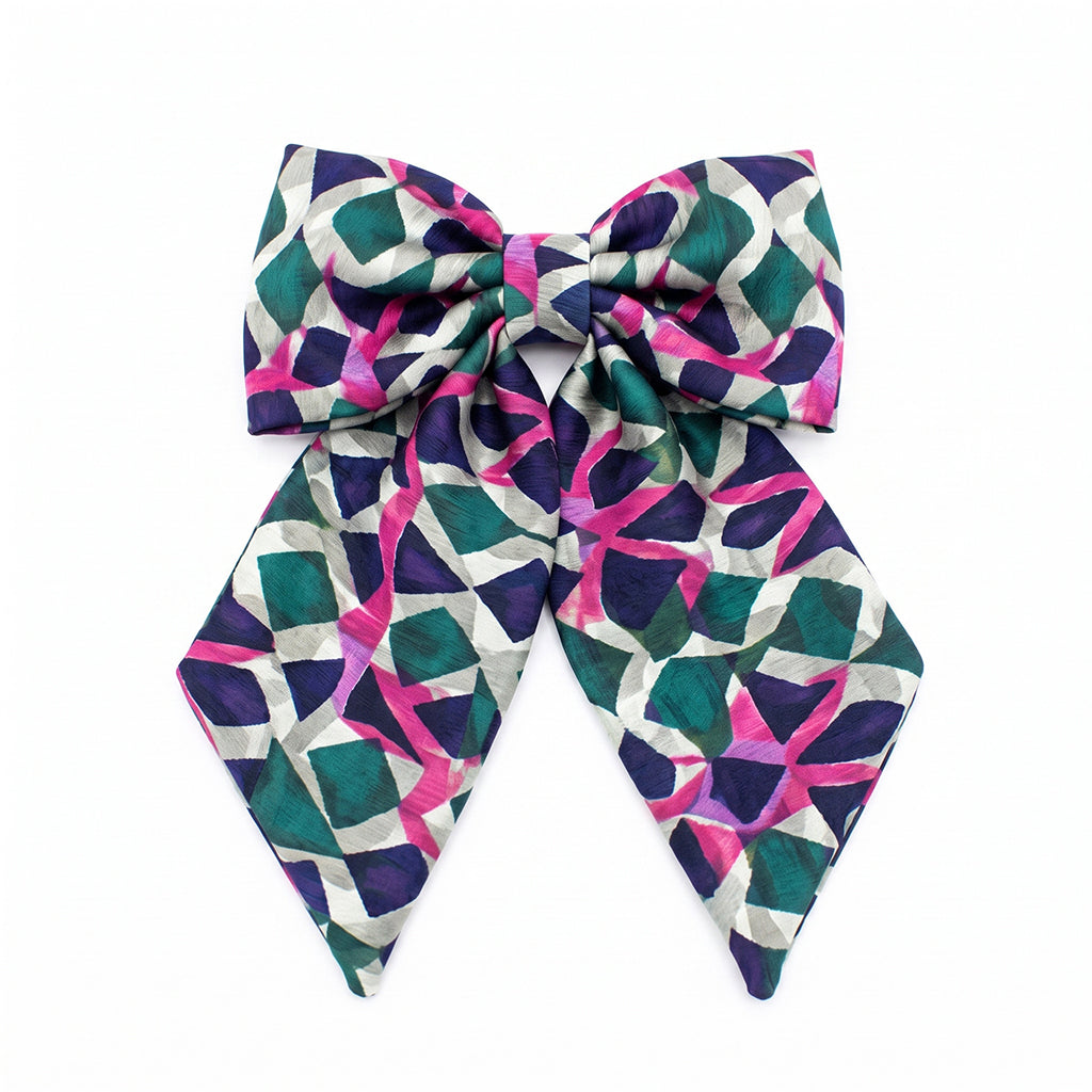 ABI satin hair bow με ethnic tribal print και μπαρέτα