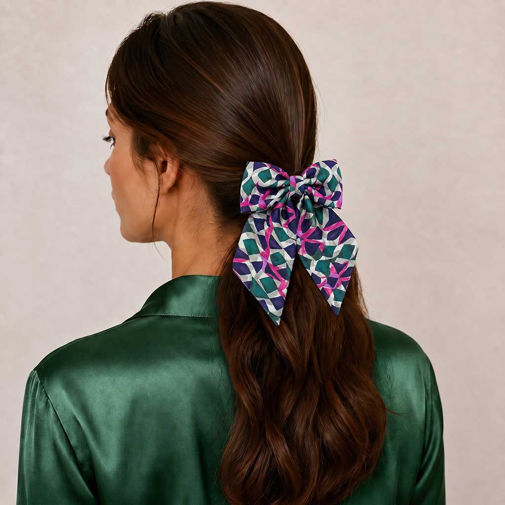 ABI satin hair bow με ethnic tribal print και μπαρέτα