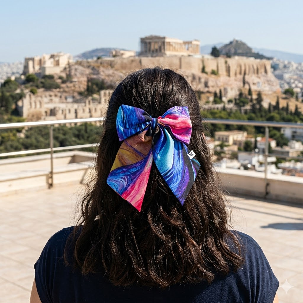 BERYL BLACK: Εμπριμέ χειροποίητος, φιόγκος μαλλιών, με μπαρέτα, σατέν