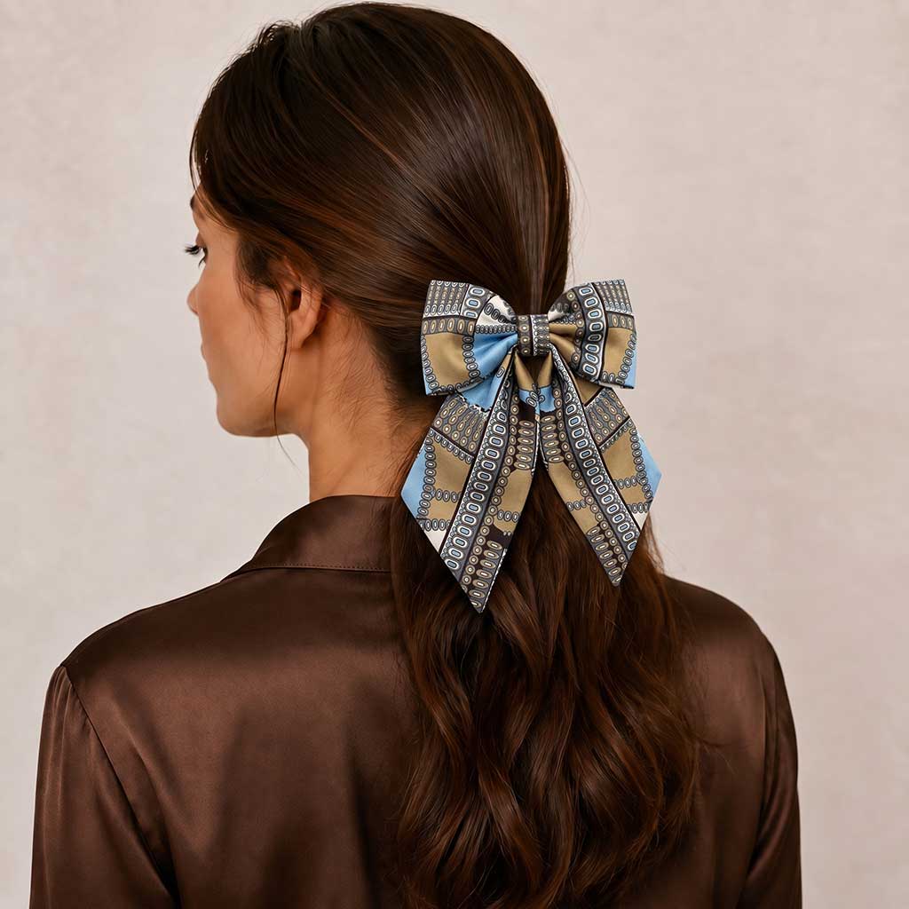 CHEVAL caramel light blue horses satin φιόγκος μαλλιών – VinD.gr