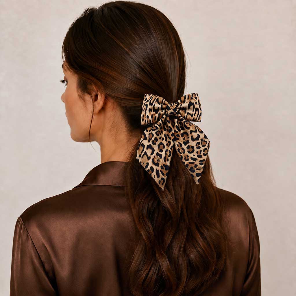 HAFSA coffee beige black leopard satin φιόγκος μαλλιών – VinD.gr