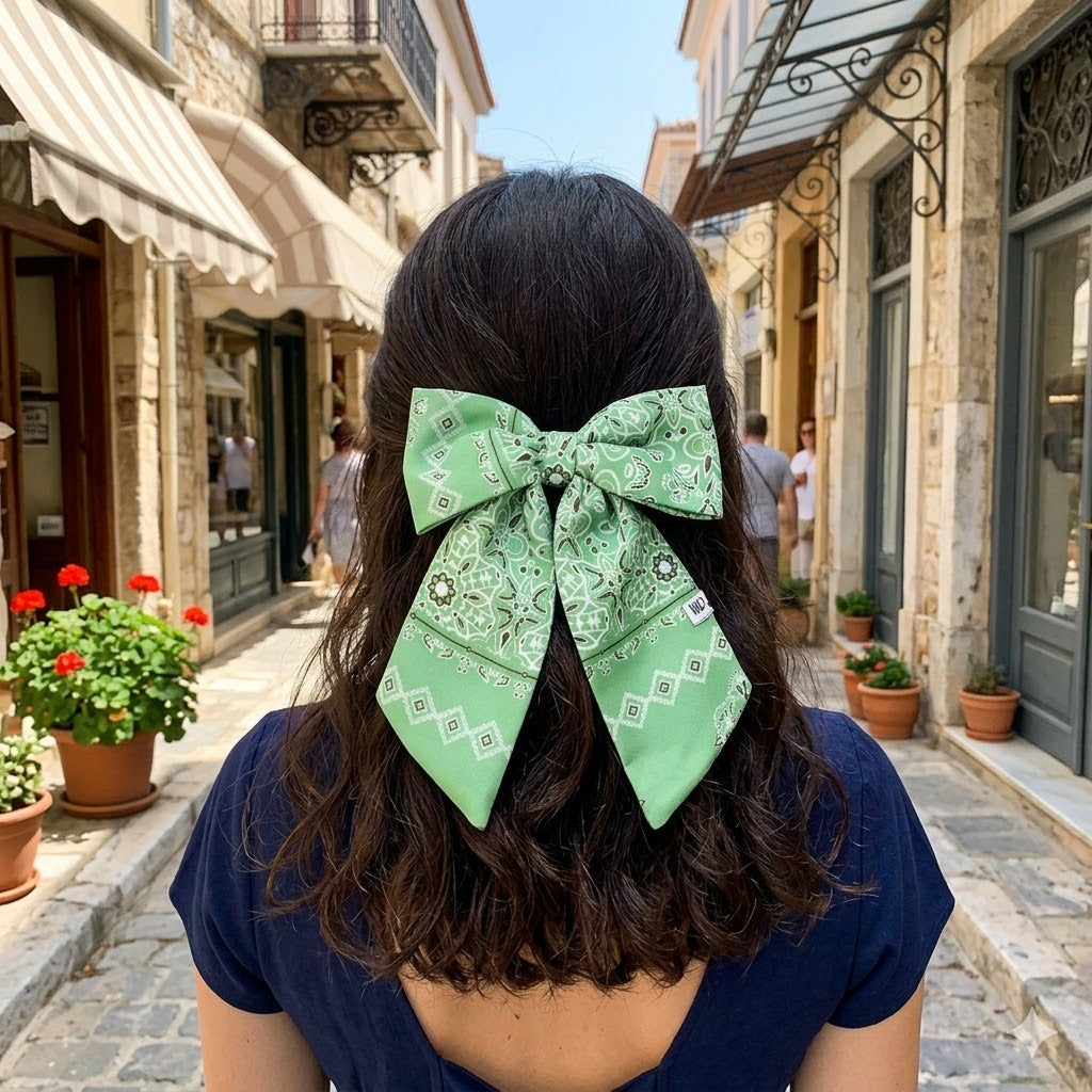 HERMINE PALE GREEN: Εμπριμέ χειροποίητος, φιόγκος μαλλιών, με μπαρέτα