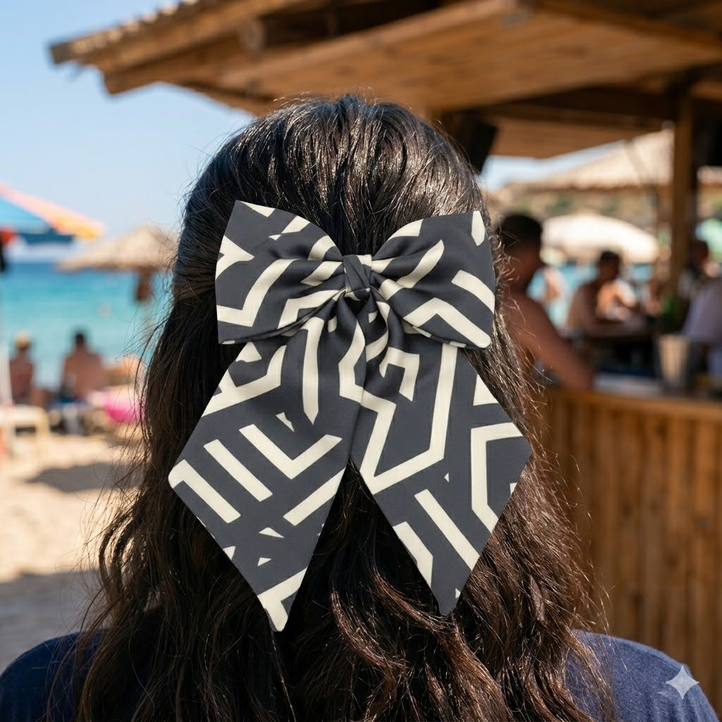 LIVIA GREY LATTE: Εμπριμέ χειροποίητος, φιόγκος μαλλιών, με μπαρέτα, σατέν