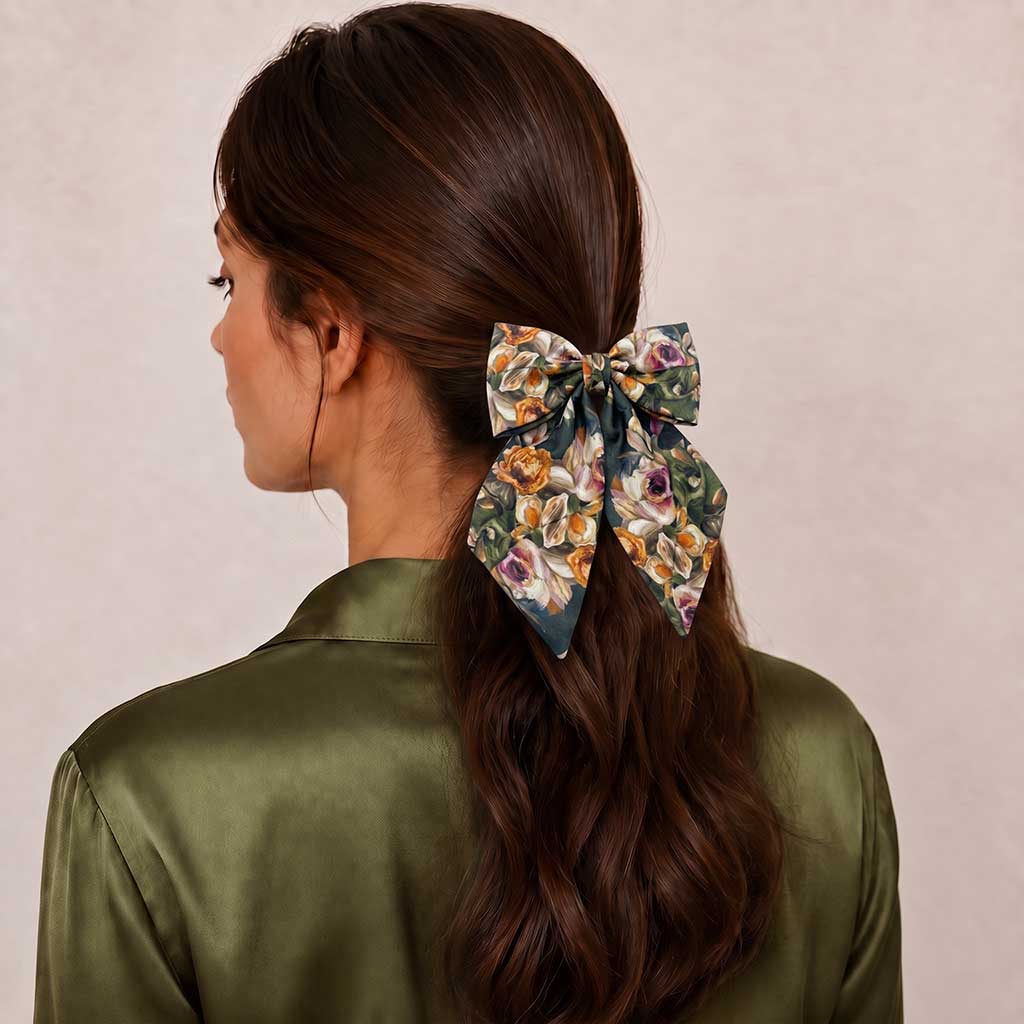 LUCIA πράσινος floral satin φιόγκος μαλλιών – VinD.gr