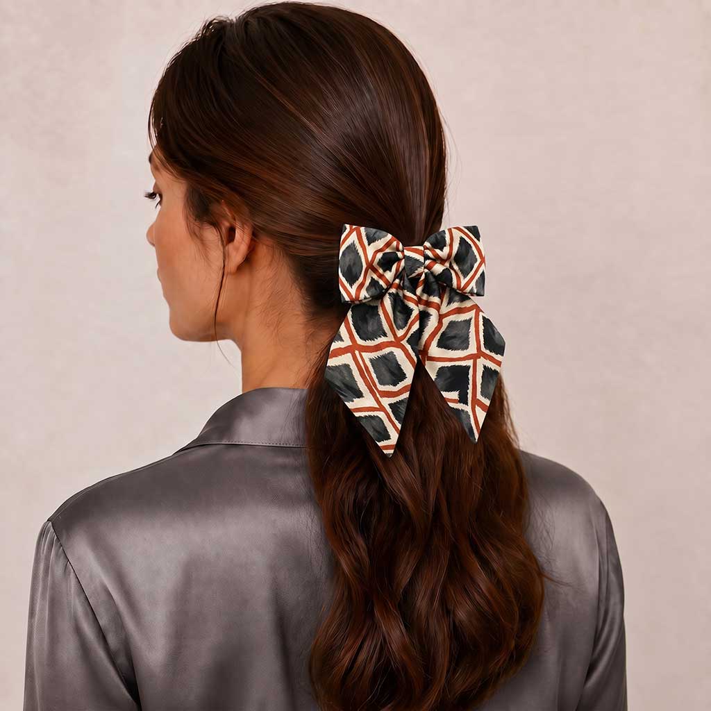 MARTA ivory grey ethnic ikat satin φιόγκος μαλλιών – VinD.gr