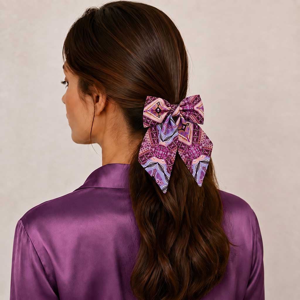NEYTIRI: Printed handmade hair bow, with barrette clip, satin, red, sea blue