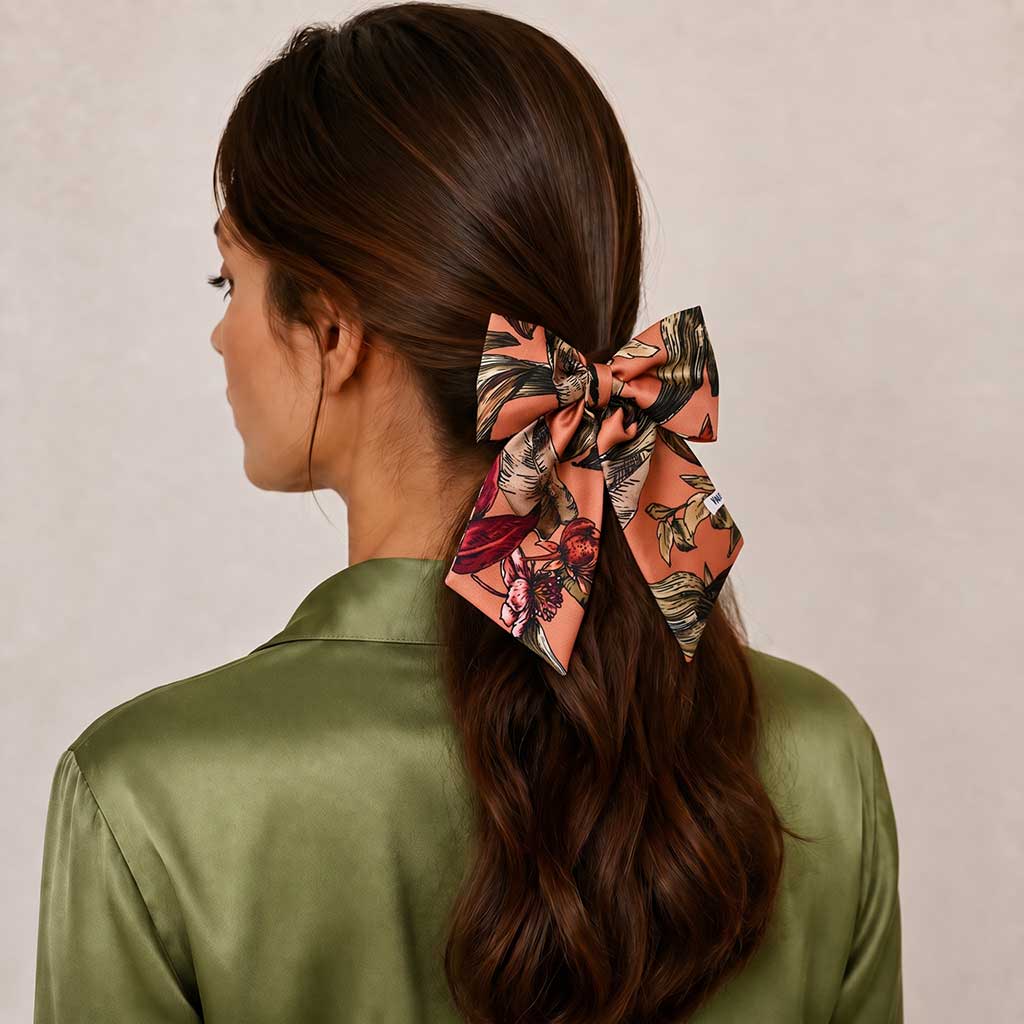 ROSETTE salmon berry olive jungle leaves satin φιόγκος μαλλιών – VinD.gr