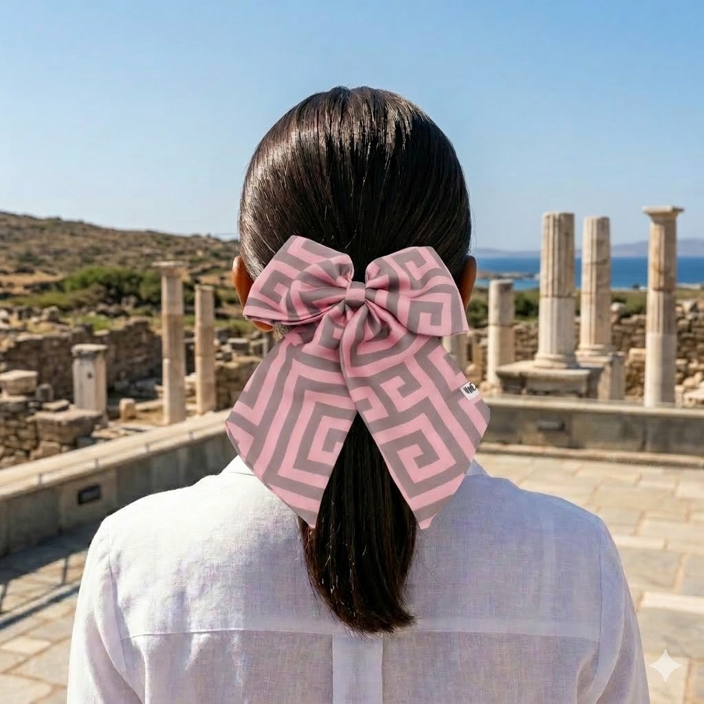 SAFFRON ROSE: Εμπριμέ φιόγκος μαλλιών με μπαρέτα, σατέν