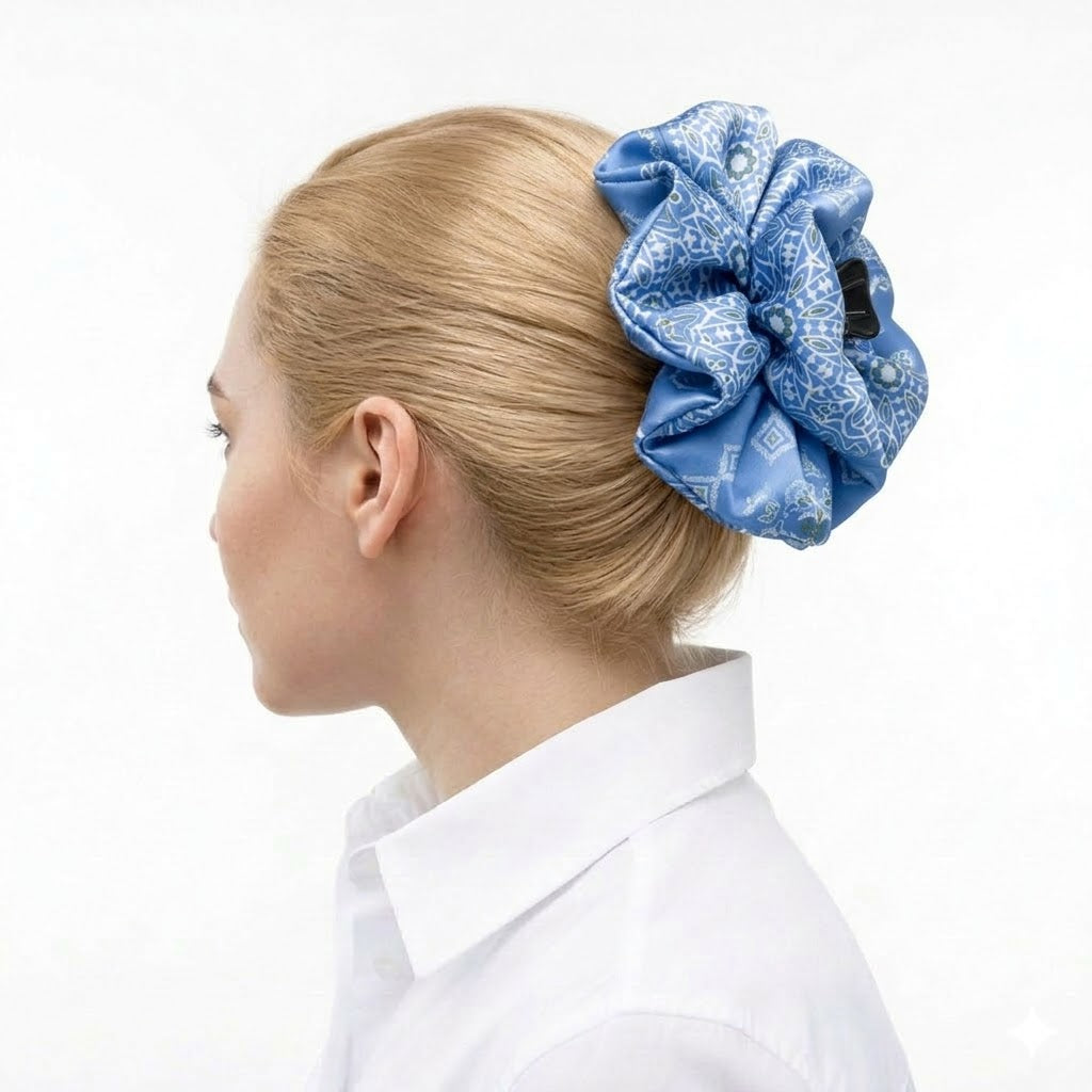 HERMINE SKY BLUE:  Klammer μαλλιών, με σατέν στολισμα, με arabesque lines pattern σε sky blue