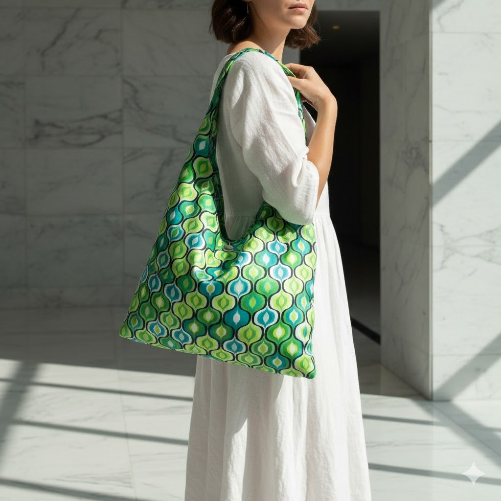 OPAL: Oversized τσάντα, με σατέν ύφασμα, και αδιάβροχη φόδρα με ogee pattern