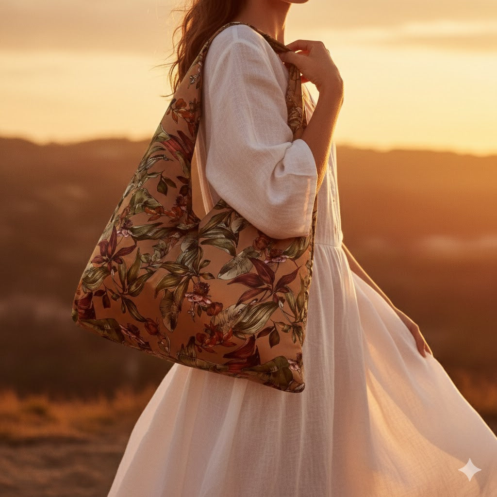 ROSETTE: Oversized τσάντα, με σατέν ύφασμα, και αδιάβροχη φόδρα με jungle leaves