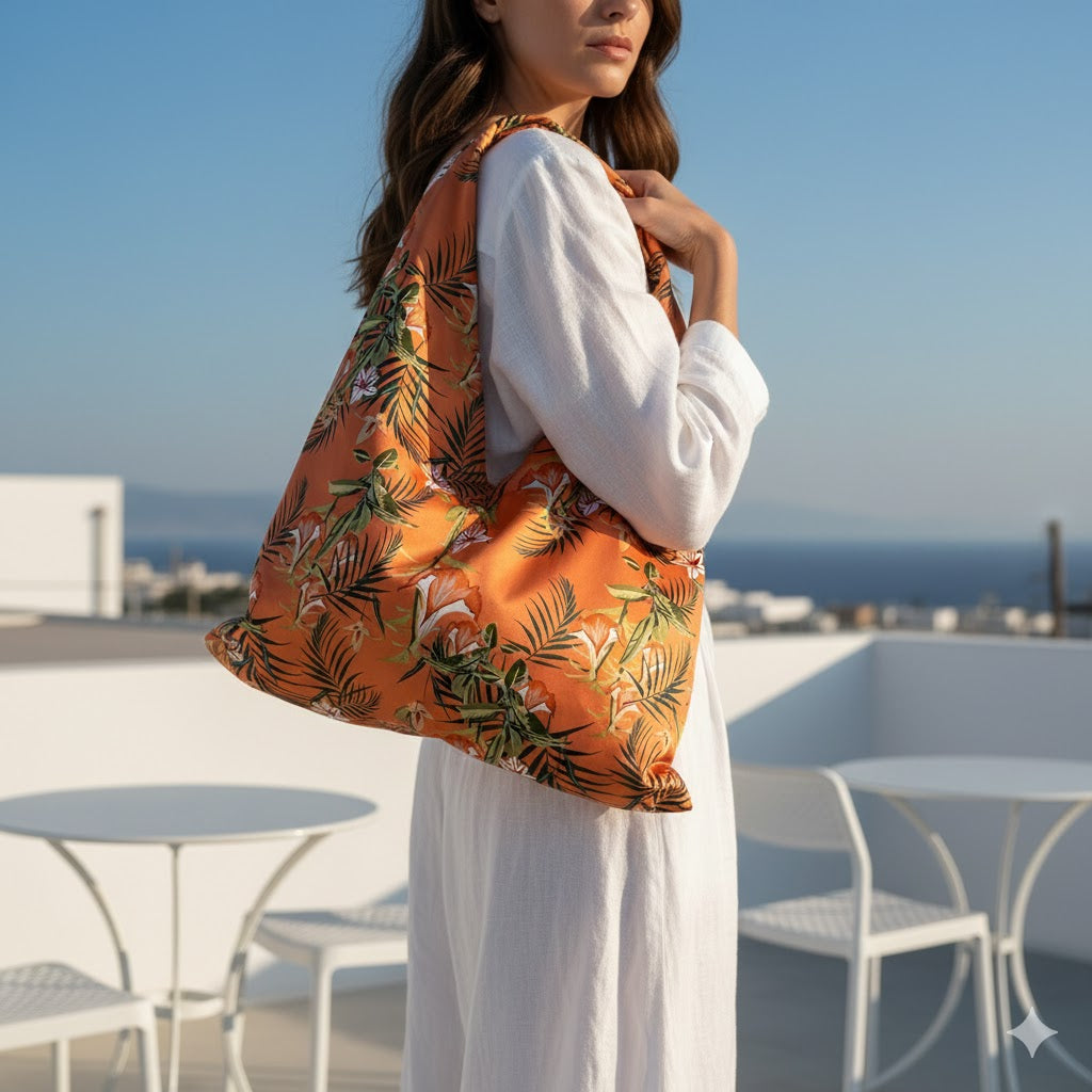 VIRGINIE ORANGE: Oversized τσάντα, με σατέν ύφασμα, και αδιάβροχη φόδρα με tropical pattern