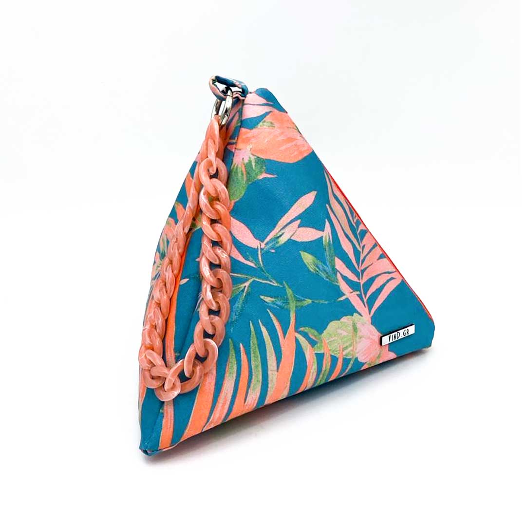ANDREA: Τσαντάκι πυραμίδα, σατεν, Palm Leaf Salmon–Teal, χειροποίητο