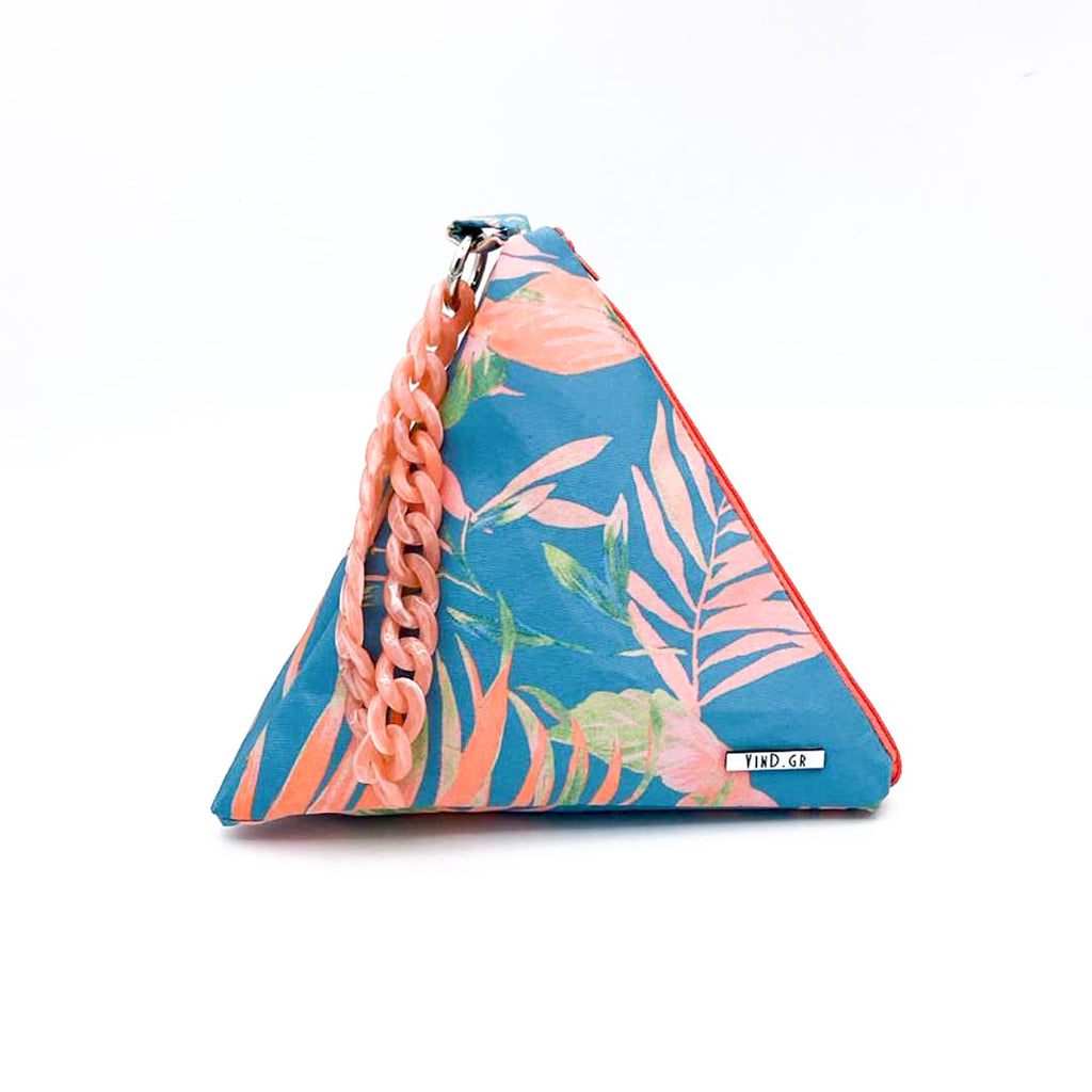 ANDREA: Τσαντάκι πυραμίδα, σατεν, Palm Leaf Salmon–Teal, χειροποίητο