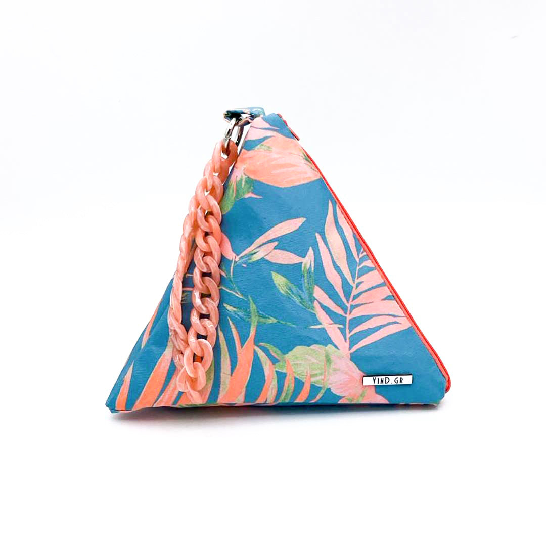 ANDREA: Τσαντάκι πυραμίδα, σατεν, Palm Leaf Salmon–Teal, χειροποίητο