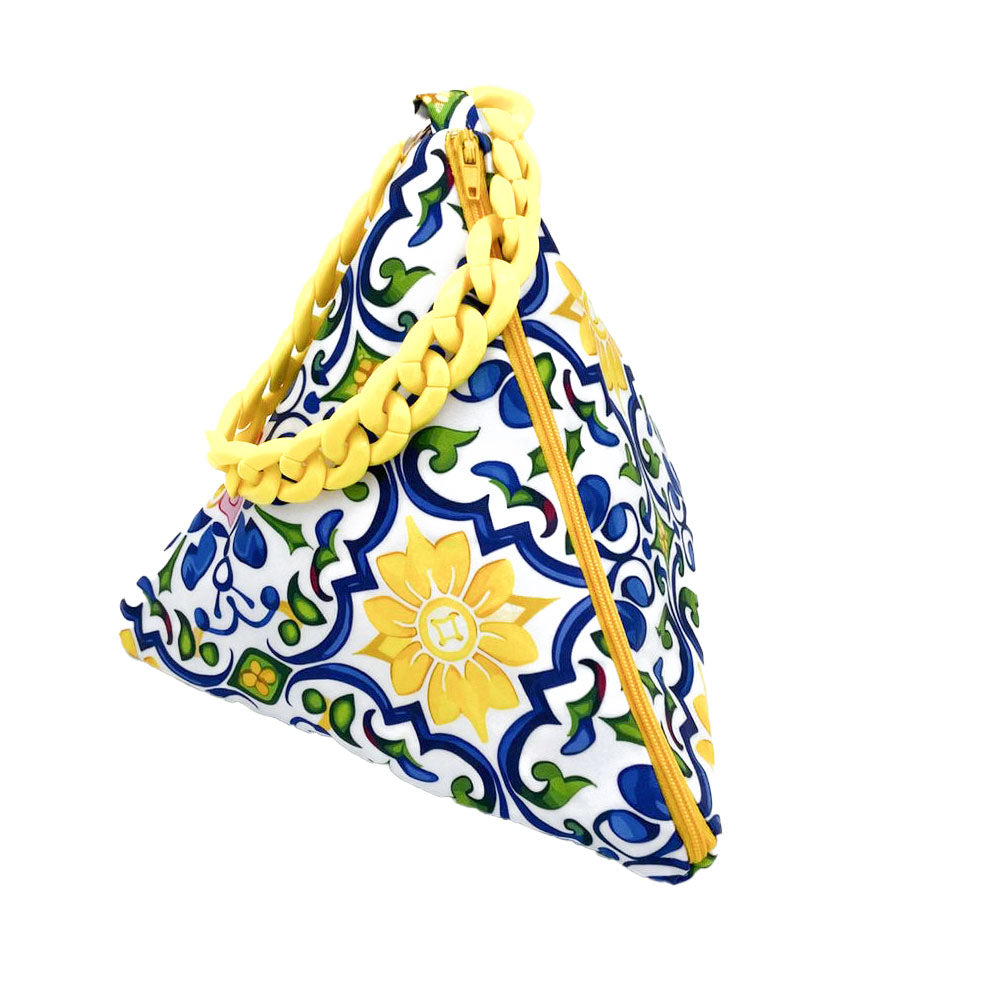 SORENTO: Τσαντάκι πυραμίδα, σατεν, royal blue, yellow, χειροποίητο
