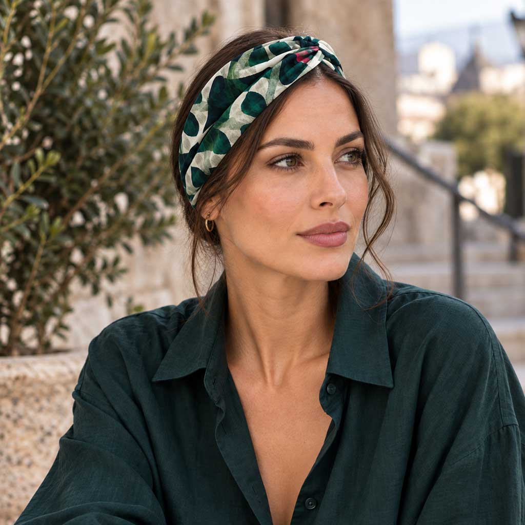 ABI πράσινη χειροποίητη σατέν μπαντάνα κορδέλα μαλλιών φορεμένη από μοντέλο