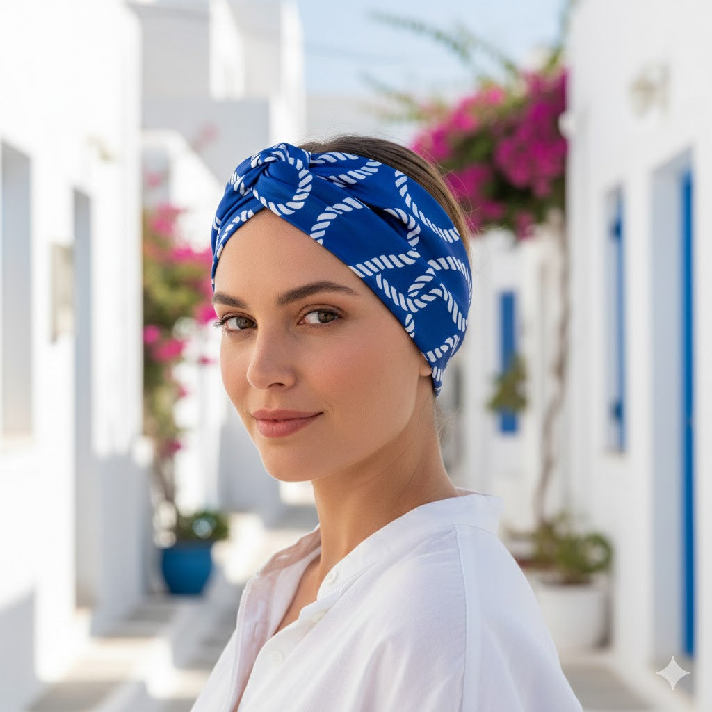 AEGEAN:  Bandana κορδέλα μαλλιών, με rope pattern print, white, blue