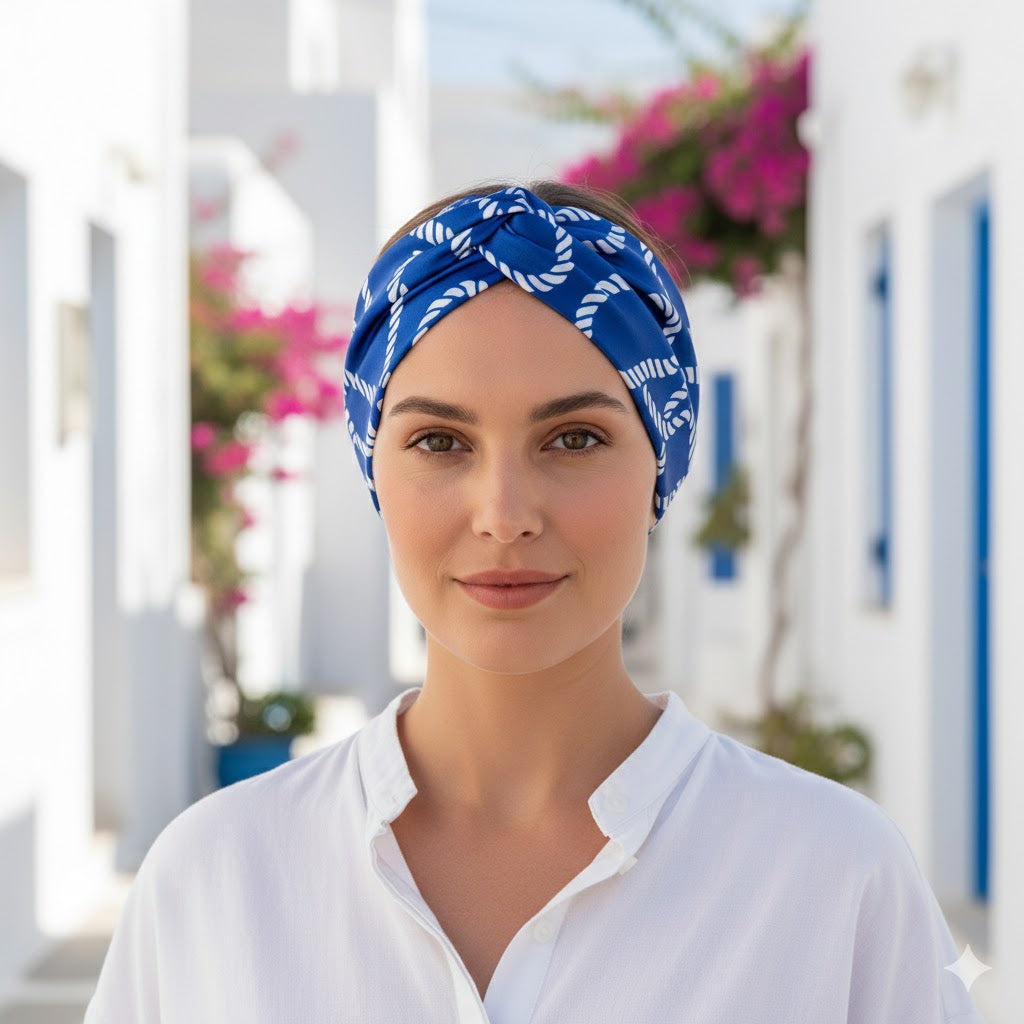 AEGEAN:  Bandana κορδέλα μαλλιών, με rope pattern print, white, blue