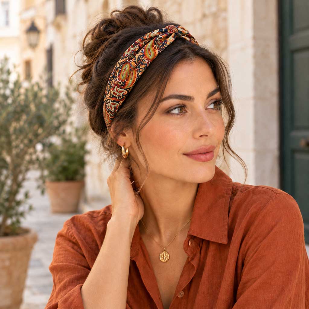 Η μπαντάνα BARBARA αναδεικνύει τη διαχρονική κομψότητα του paisley μέσα από μια πλούσια, θερμή χρωματική παλέτ