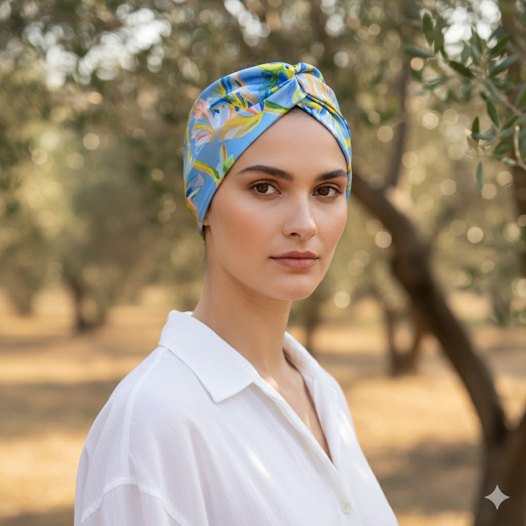 BERENICE INDIGO: Bandana κορδέλα μαλλιών, με impression flowers pattern