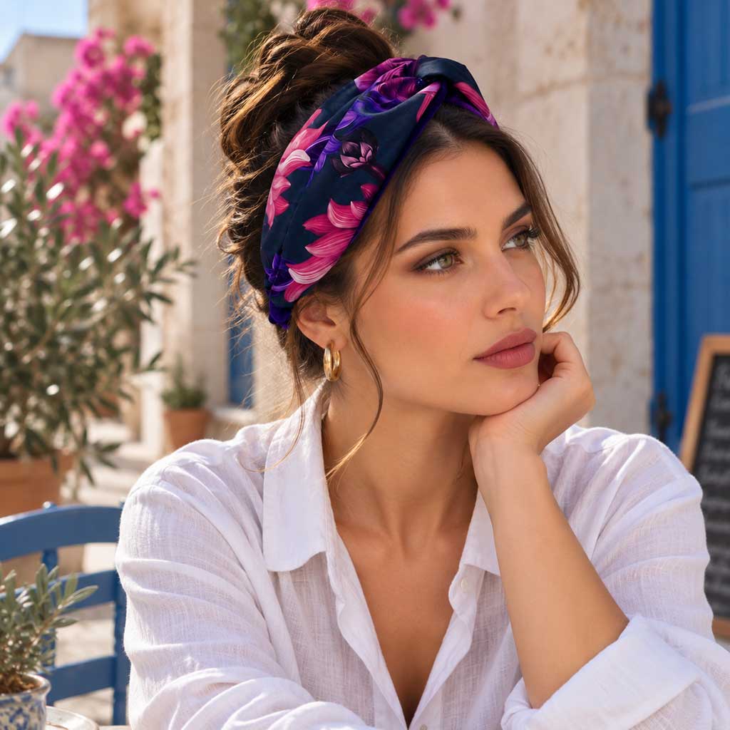 Η CAROL συνδυάζει τη δραματική κομψότητα μιας σκούρας χρωματικής βάσης με ένα εντυπωσιακό floral print σε ζωηρές φούξια, ροζ και μωβ αποχρώσεις
