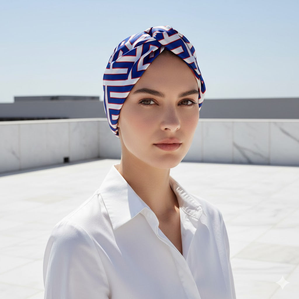 CORA COBALT: Bandana κορδέλα μαλλιών, με maze pattern σε white-royal