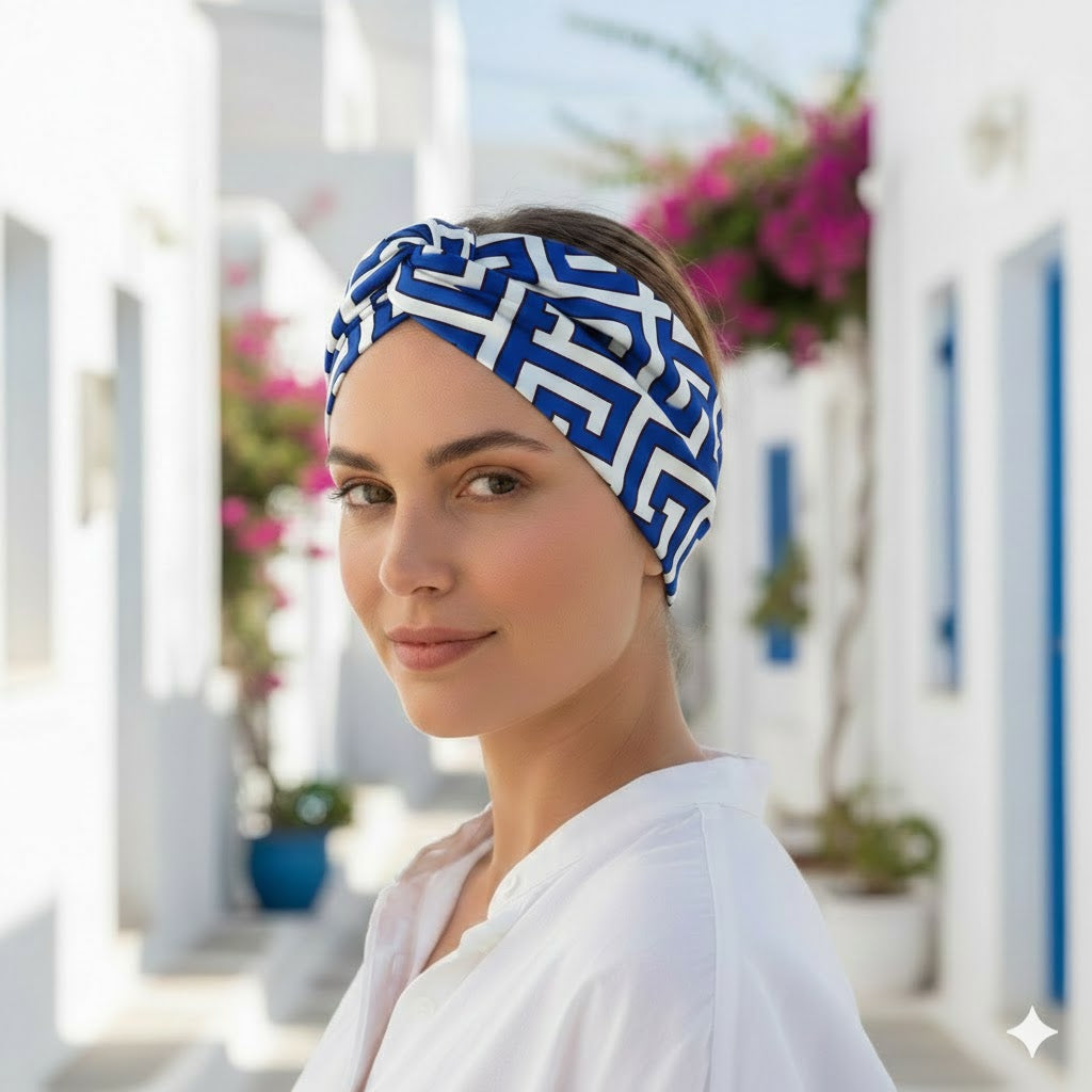 CORA COBALT: Bandana κορδέλα μαλλιών, με maze pattern σε white-royal