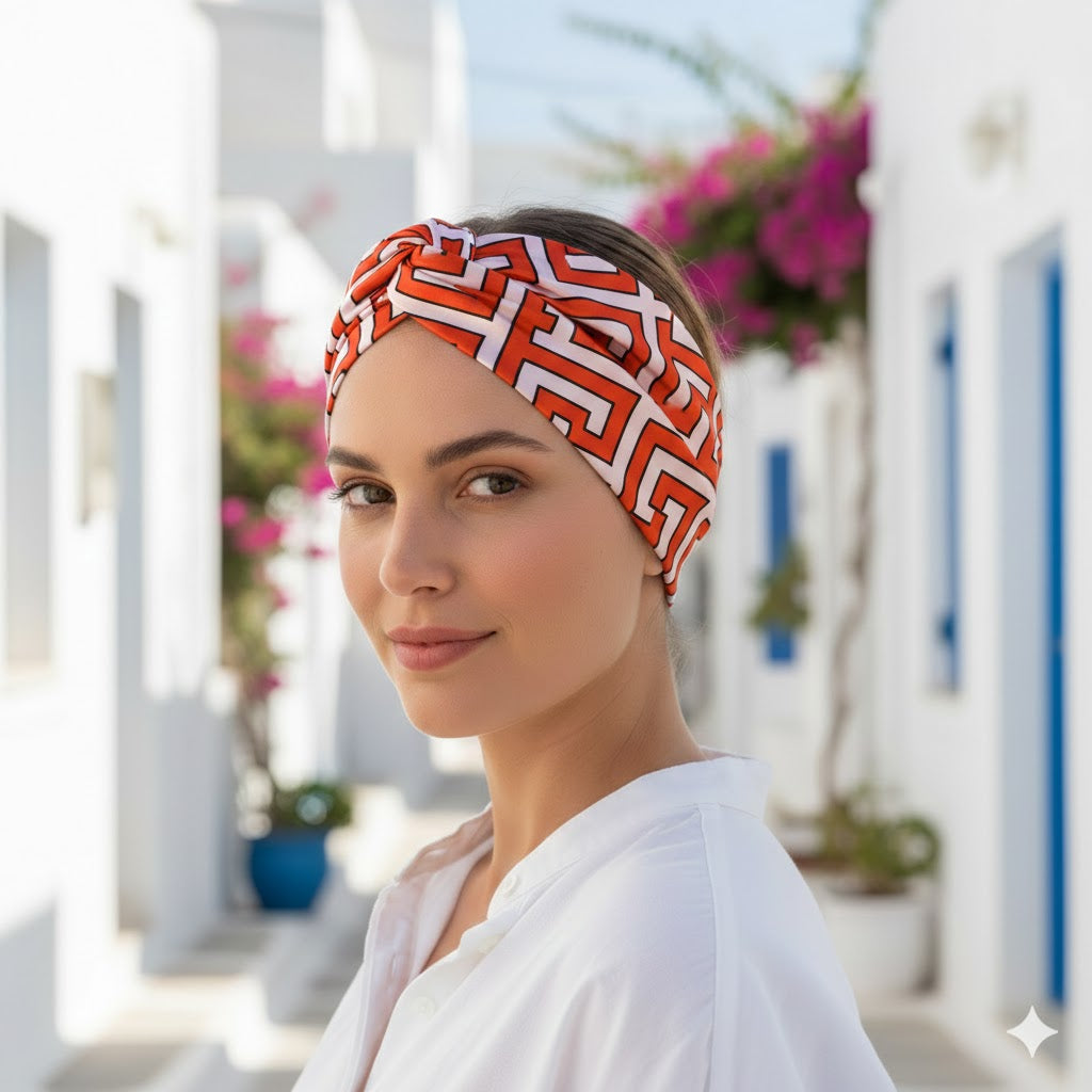 CORA ORANGE: Bandana κορδέλα μαλλιών, με maze pattern σε orange-white