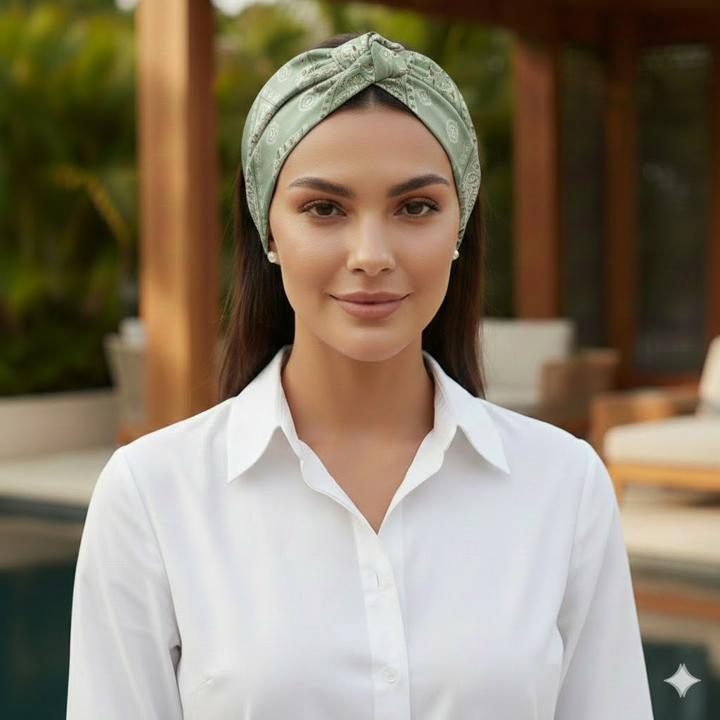HERMINE PALE GREEN: Bandana κορδέλα μαλλιών, με arabesque lines pattern