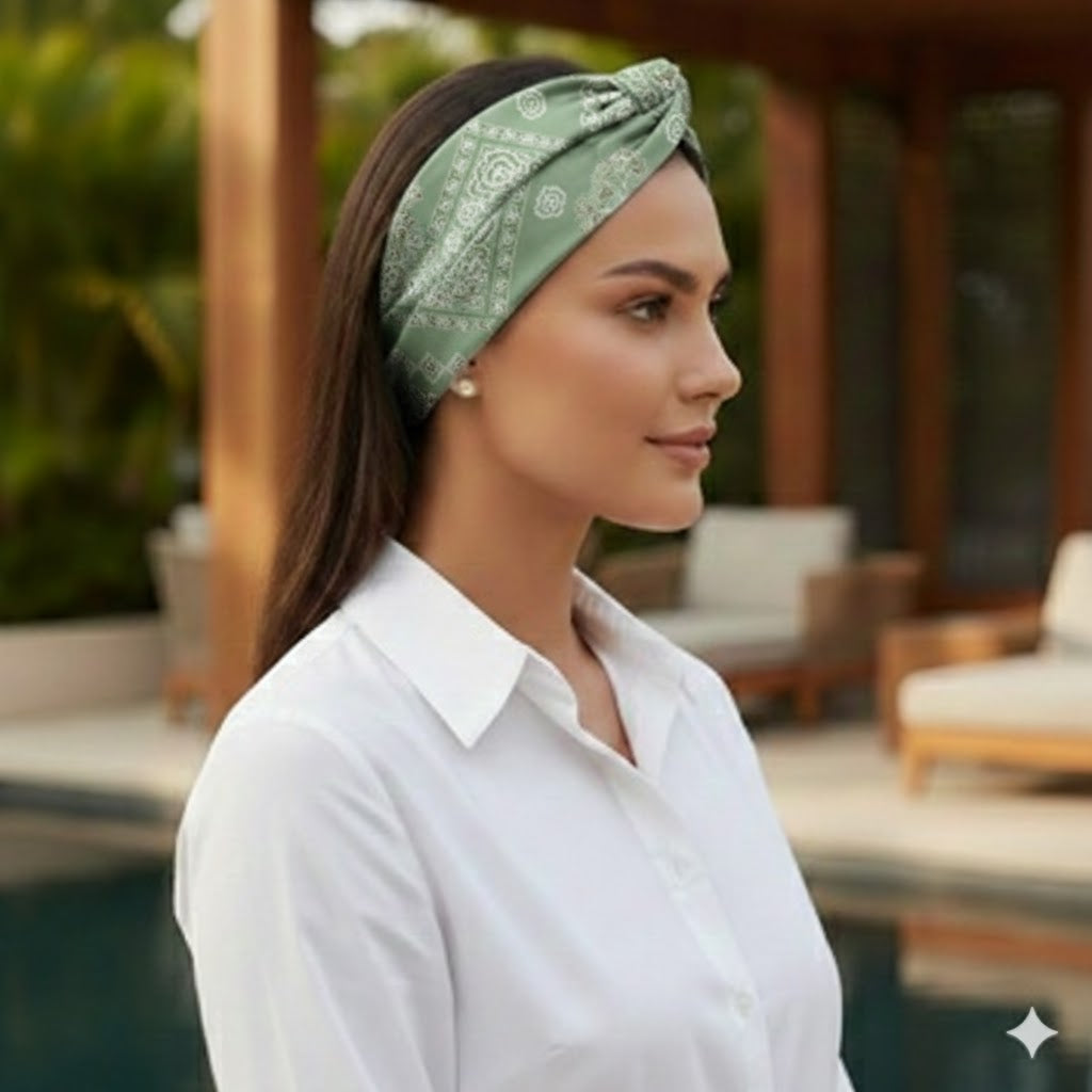 HERMINE PALE GREEN: Bandana κορδέλα μαλλιών, με arabesque lines pattern