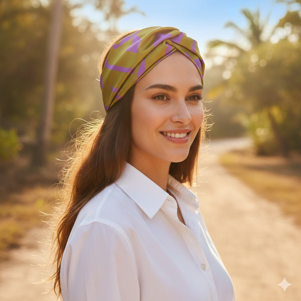 LIVIA LIME: Bandana, κορδέλα μαλλιών, σατεν, με geometric lines pattern