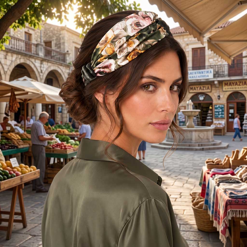 LUCIA λαδί floral σατέν μπαντάνα μαλλιών φορεμένη από μοντέλο