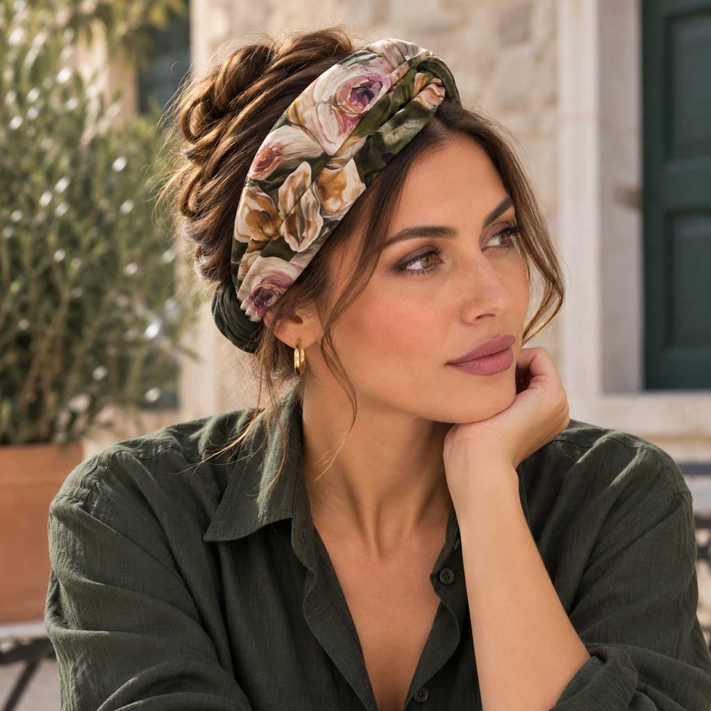 LUCIA λαδί floral σατέν μπαντάνα μαλλιών φορεμένη από μοντέλο
