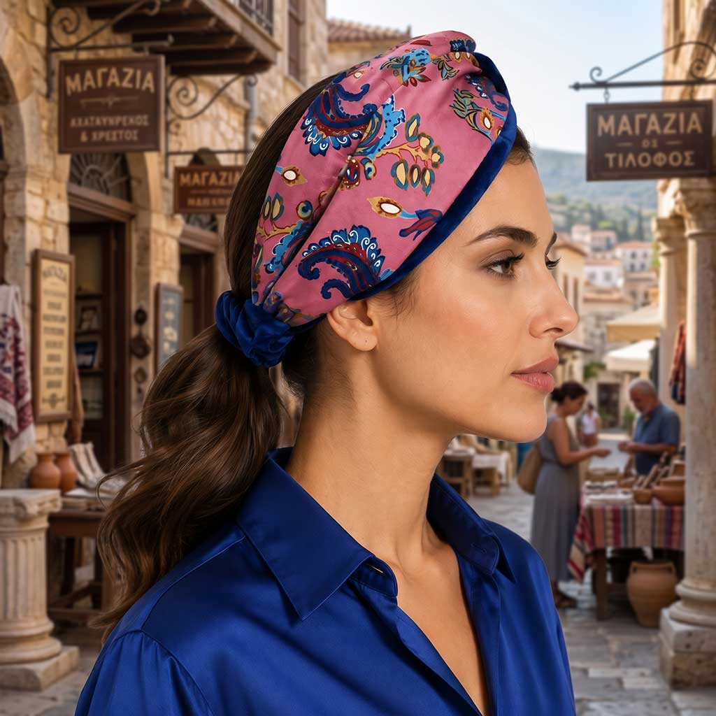 MILLA ροζ σατέν μπαντάνα μαλλιών με μπλε paisley print φορεμένη από μοντέλο