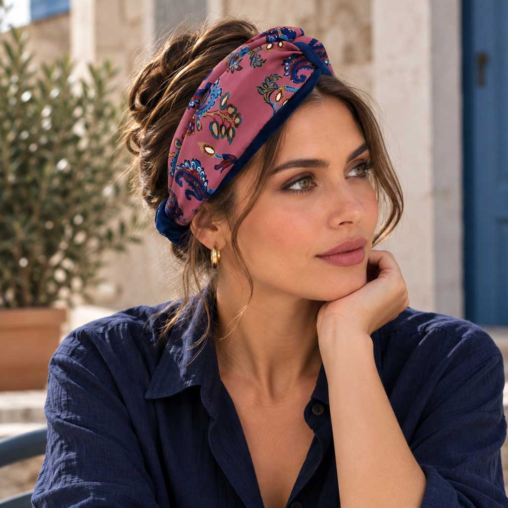 MILLA ροζ σατέν μπαντάνα μαλλιών με μπλε paisley print φορεμένη από μοντέλο