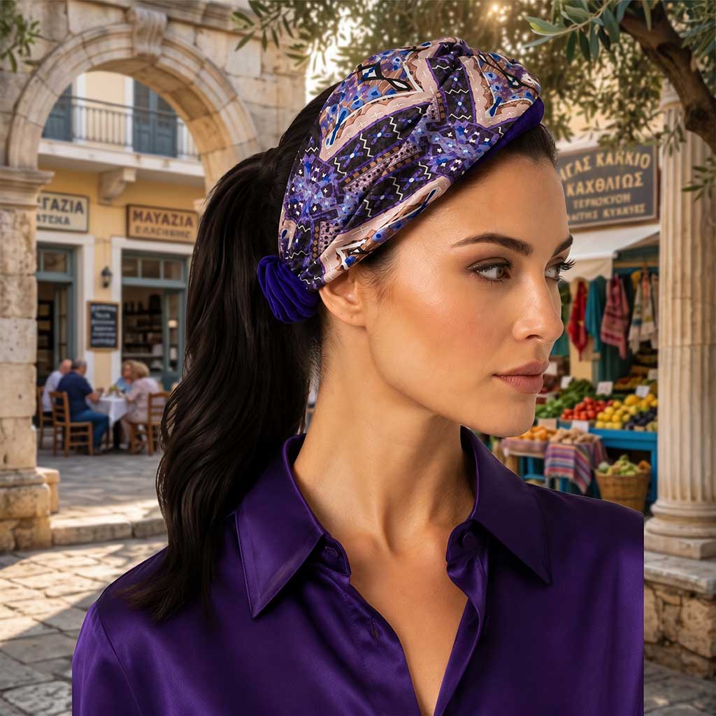 NEYTIRI μωβ σατέν μπαντάνα μαλλιών με συμμετρικό ethnic print φορεμένη από μοντέλο