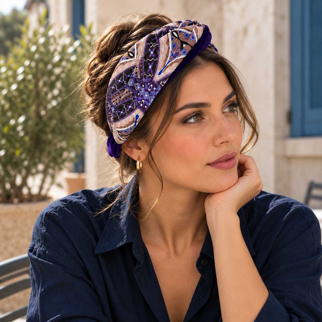 NEYTIRI μωβ σατέν μπαντάνα μαλλιών με συμμετρικό ethnic print φορεμένη από μοντέλο