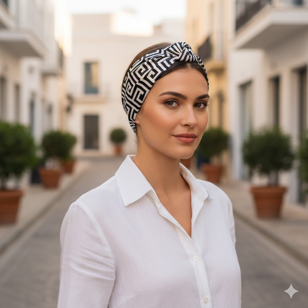 SAFFRON BEIGE: Bandana κορδέλα μαλλιών, με pattern greek key