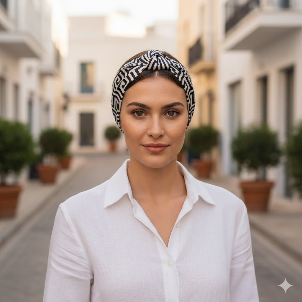 SAFFRON BEIGE: Bandana κορδέλα μαλλιών, με pattern greek key