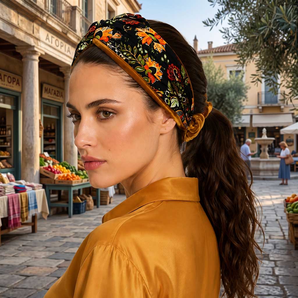SALVADORA μαύρη σατέν μπαντάνα μαλλιών με folk floral print φορεμένη από μοντέλο