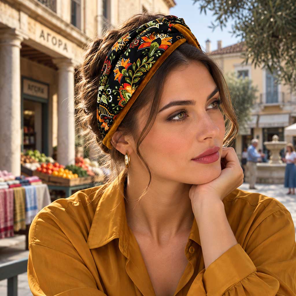 SALVADORA μαύρη σατέν μπαντάνα μαλλιών με folk floral print φορεμένη από μοντέλο