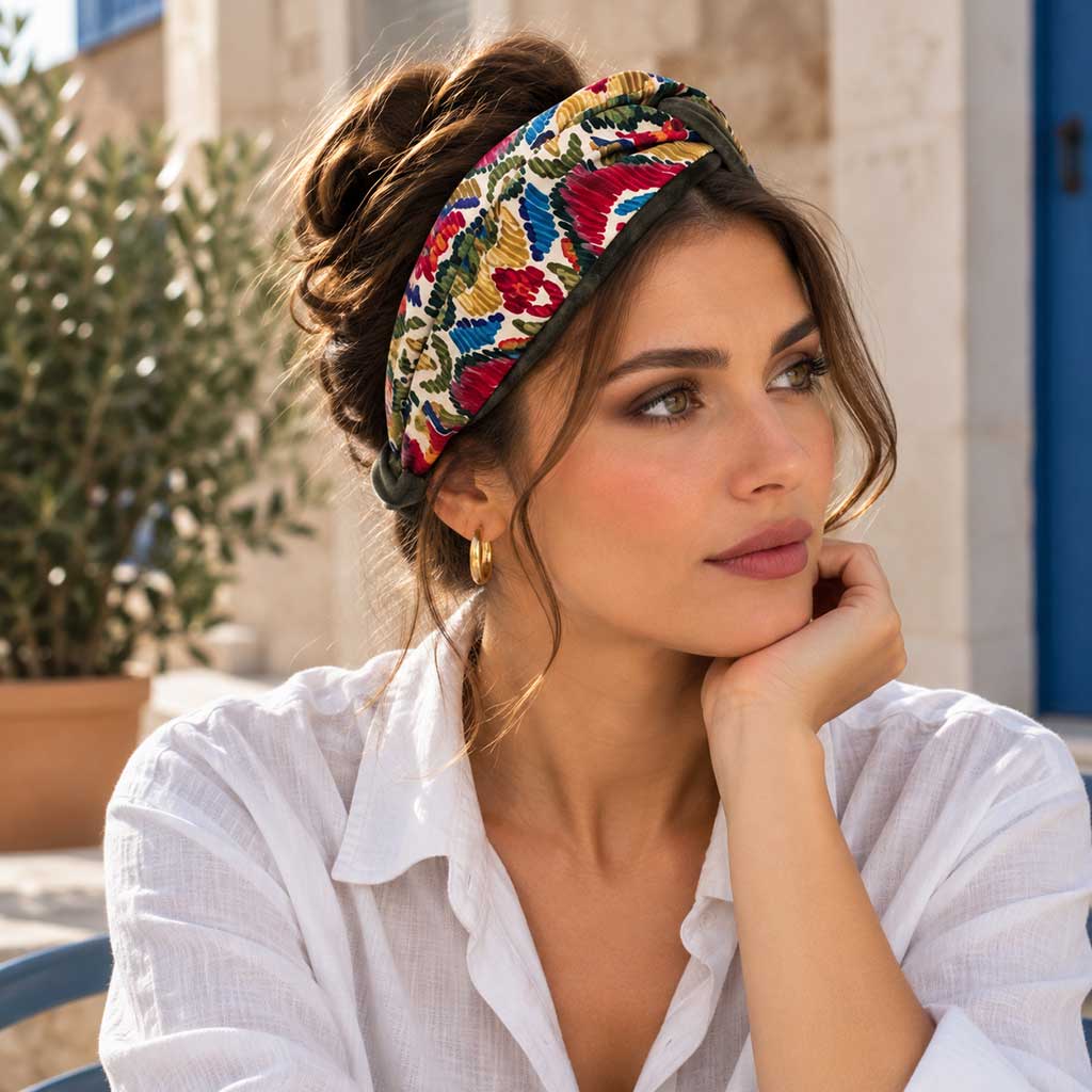 SELVA πολύχρωμη σατέν μπαντάνα μαλλιών με botanical print φορεμένη από μοντέλο